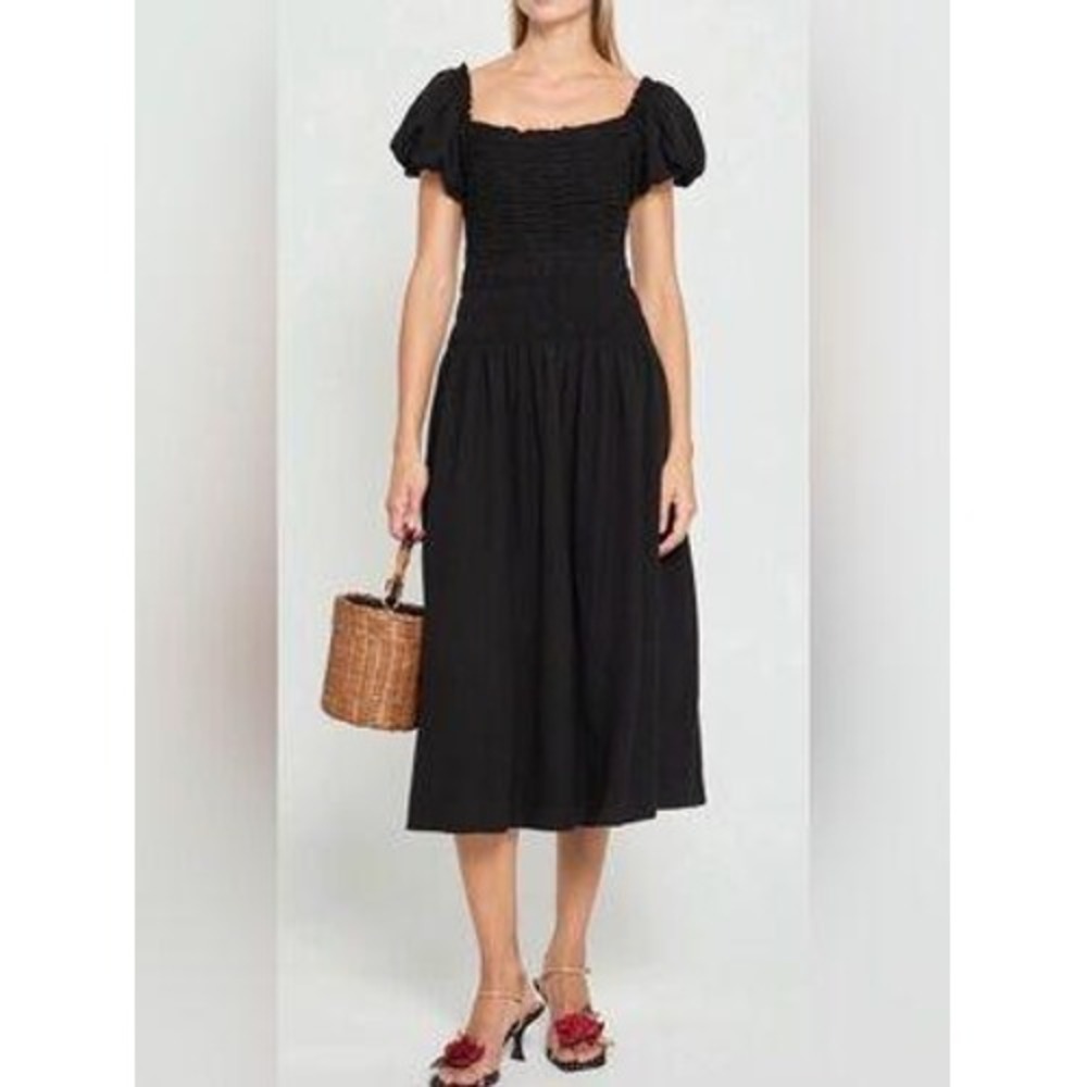 Kourt Black Smocked Midi Dress Square Neck Puff Sleeve Rayon Linen Blend Small